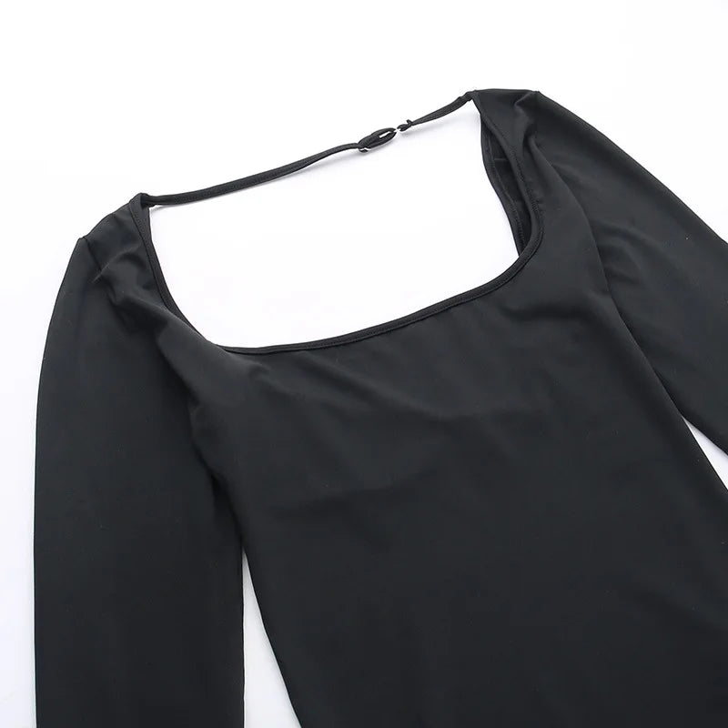 ブラックロングスリーブバックレスボディスーツ