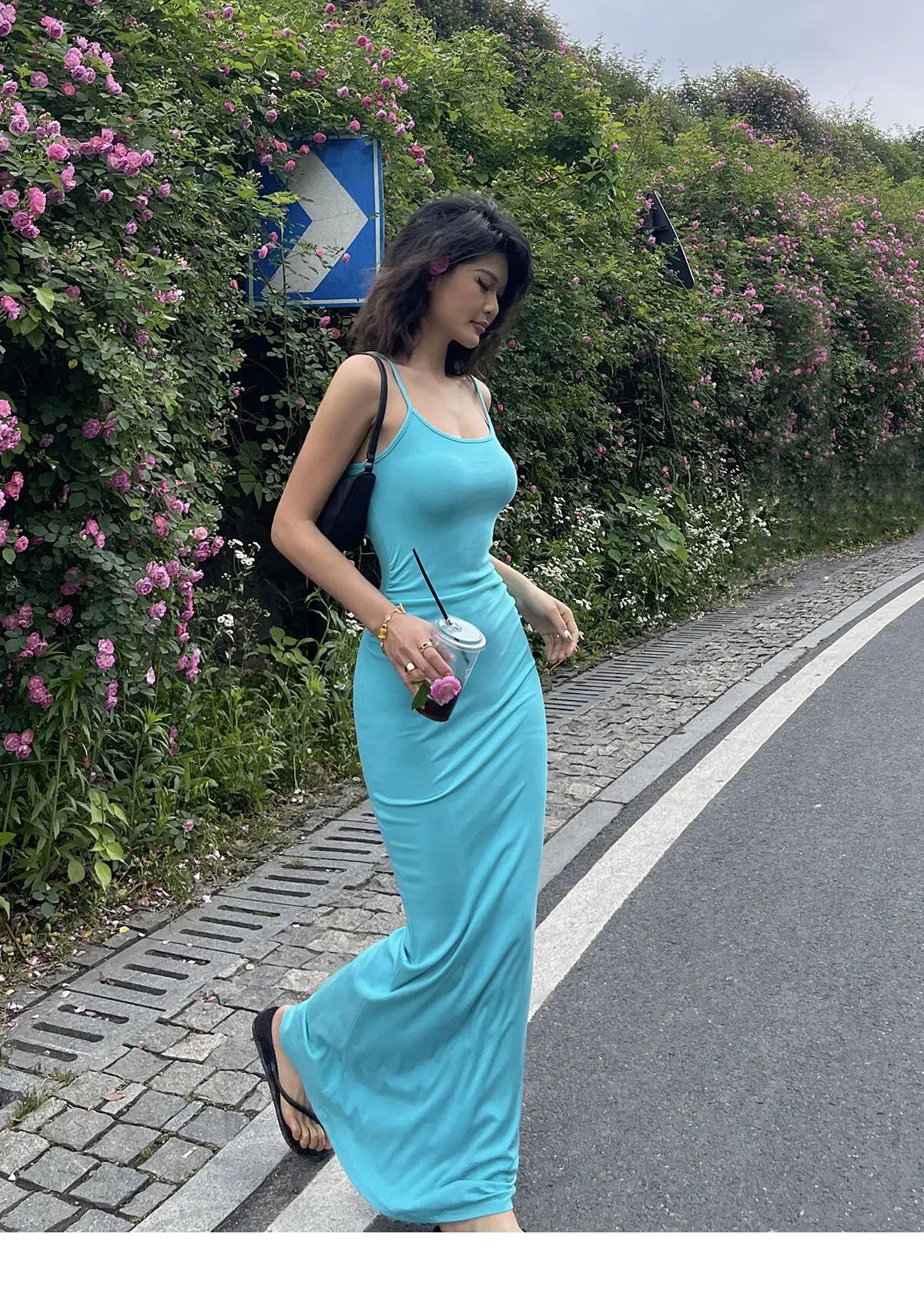 サマーブルースパゲティストラップロングドレスワンピース