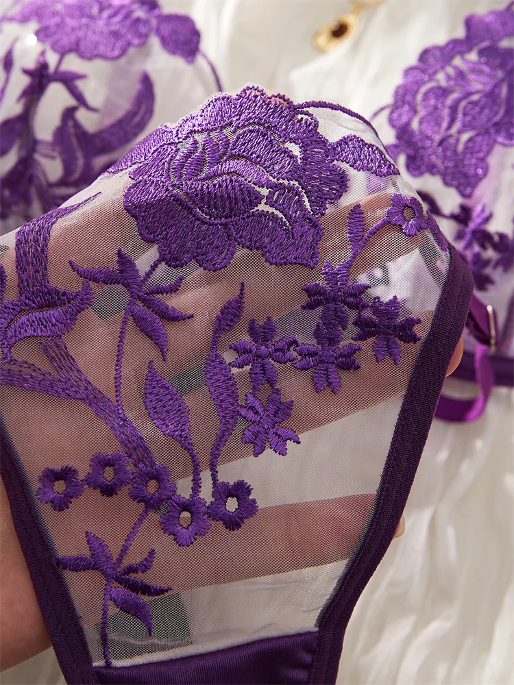 パープルシアーフローラルブラショーツアンダーウエアセット