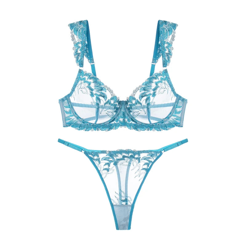 グリーンシースルーレースブラショーツセット