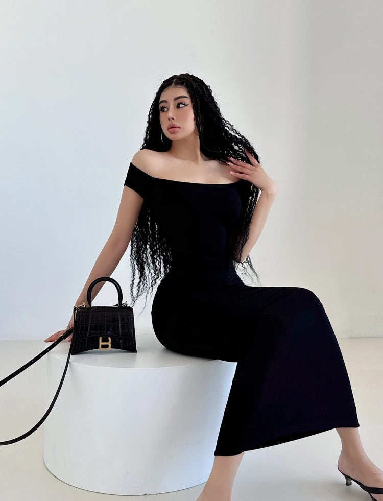 オフショルダースリムロングドレスワンピース