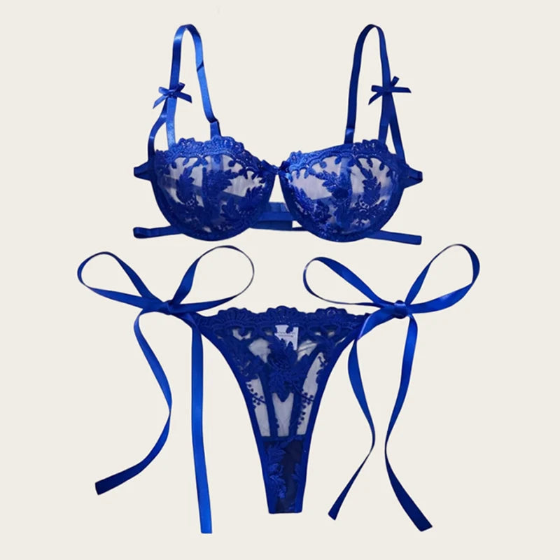 DEROSSI ブルー フローラルエンブロイダリー シアー プッシュアップ ブラショーツSET