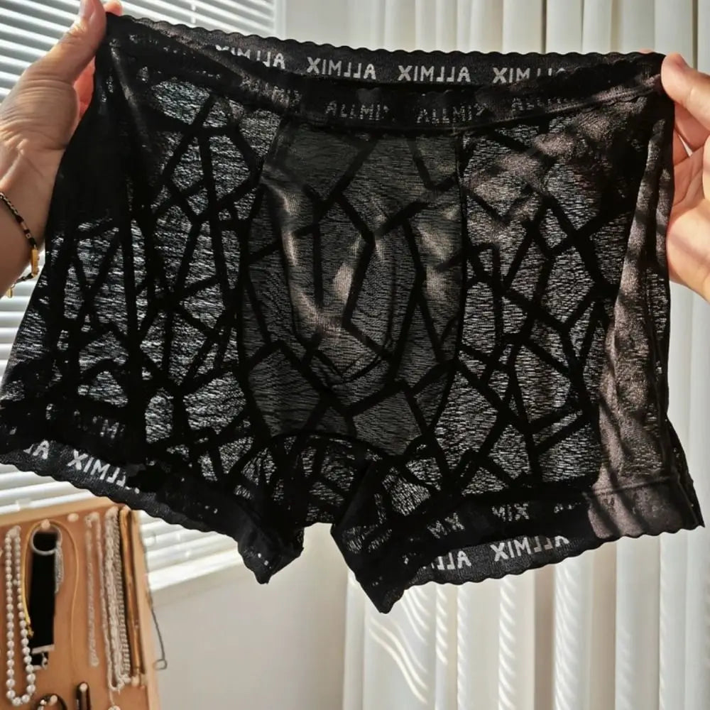 メンズチェックパターンシースルーレースボクサーショーツ