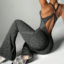 バッククロスレオパードフレアパンツフィットネスジャンプスーツ
