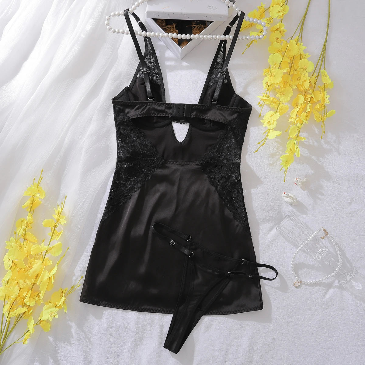 ディープVサテンレーススリップドレス+ショーツ2セット