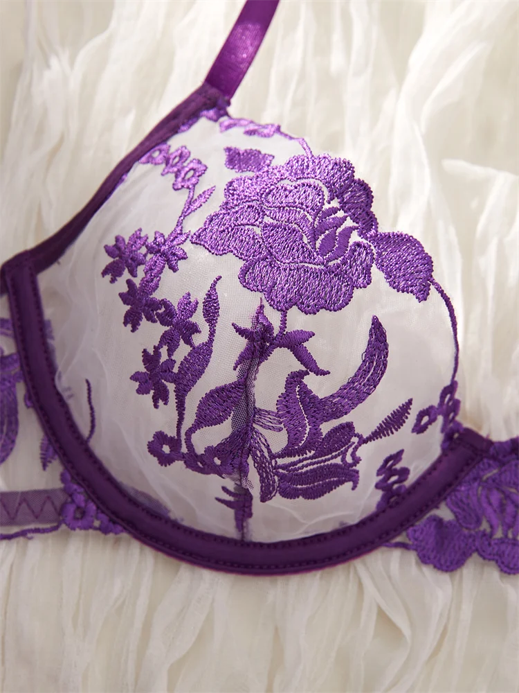 パープルシアーフローラルブラショーツアンダーウエアセット