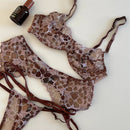 DeRossi ブラウンフローラルエンブロイダリーガーターセットノンワイヤー 3SET