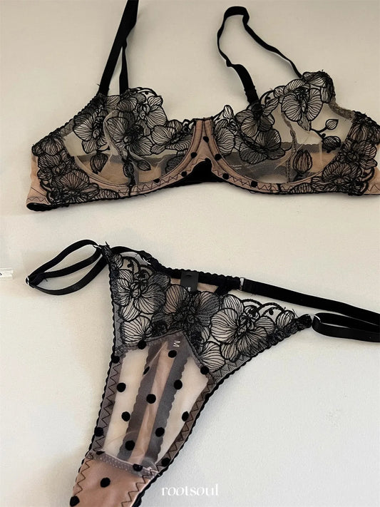 フレンチブラックブラウンフローラルレースブラショーツセット