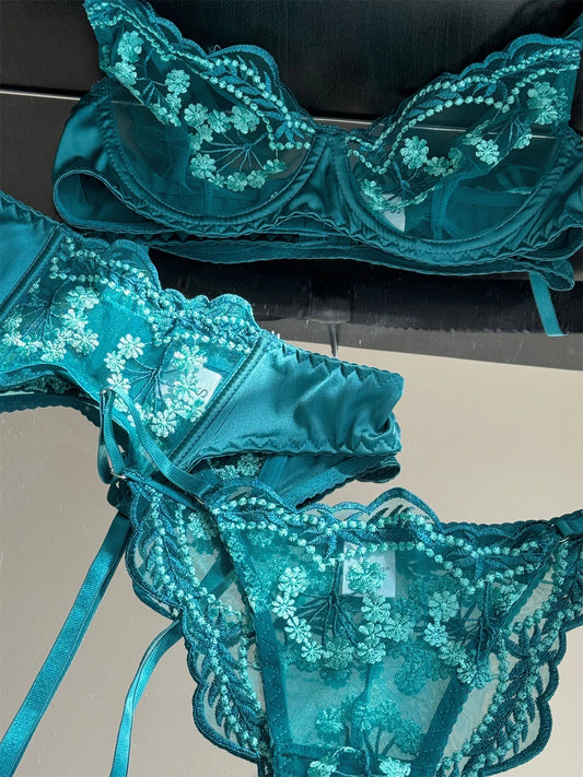 DeRossiグリーンサテンエレガンスレースセット ブラガーターショーツ3pcs