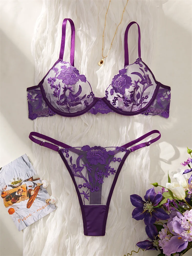 パープルシアーフローラルブラショーツアンダーウエアセット