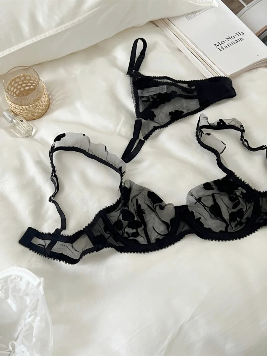 DeRossi ブラックフローラルストラップシースルーレースブラショーツ2set