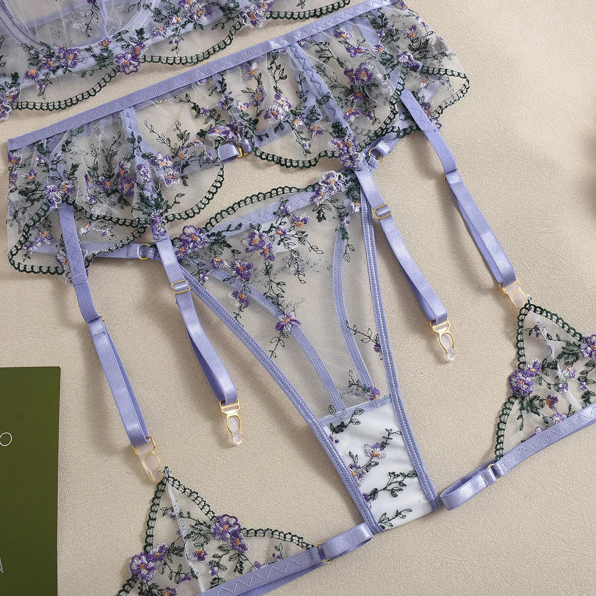 DEROSSI ラベンダー フローラルレース シアー ガーターランジェリーSET