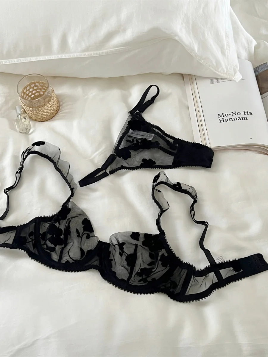 DeRossi ブラックフローラルストラップシースルーレースブラショーツ2set