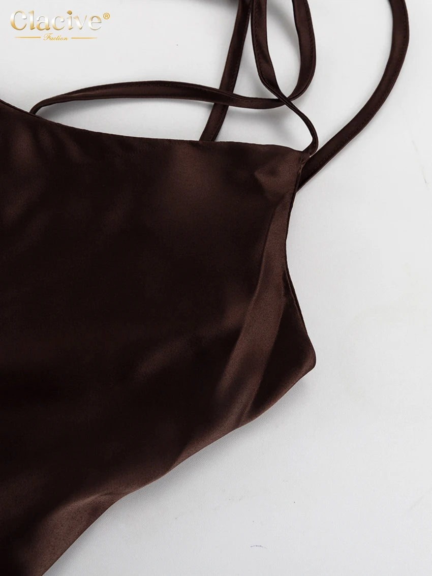 バックレスリーズサテンブラウンサマーストラップスリーブレスロングドレス