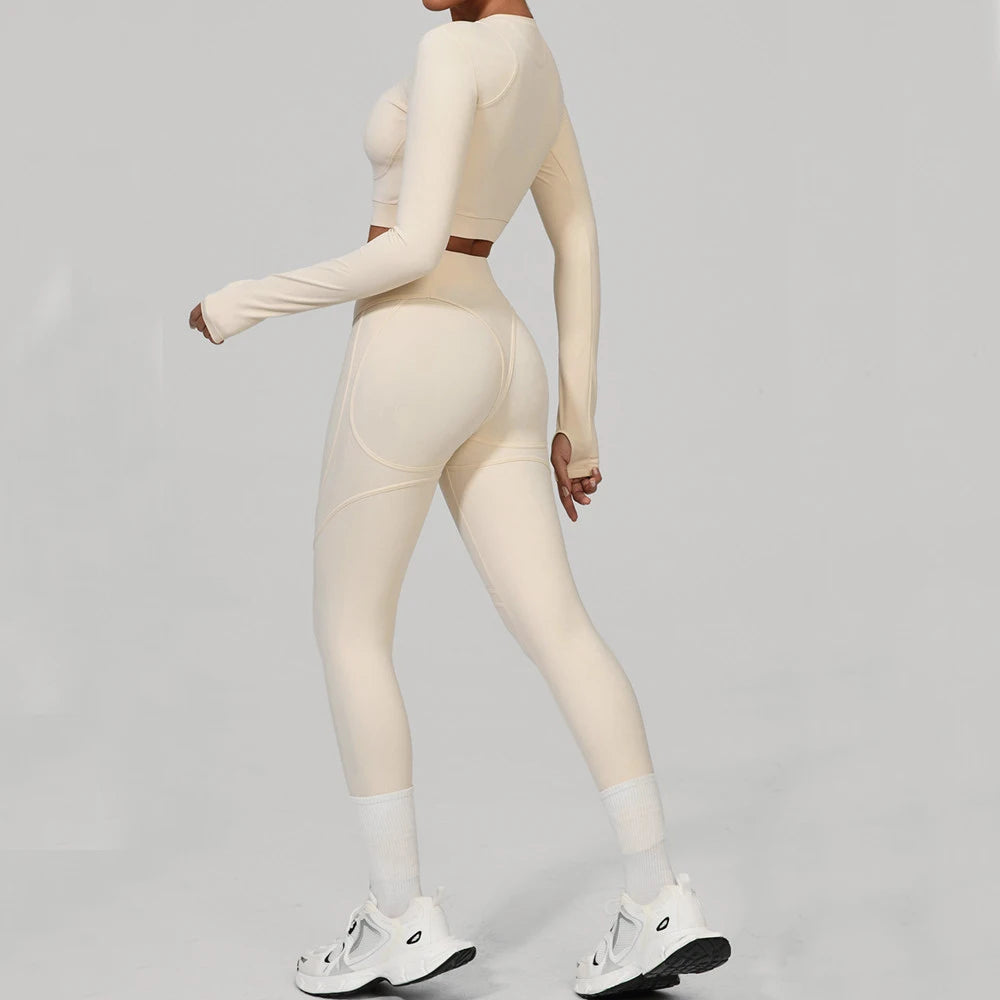 DeRossi クイックドライ ロングスリーブ クロップトップ×レギンス フィットネスセットアップ2PCS