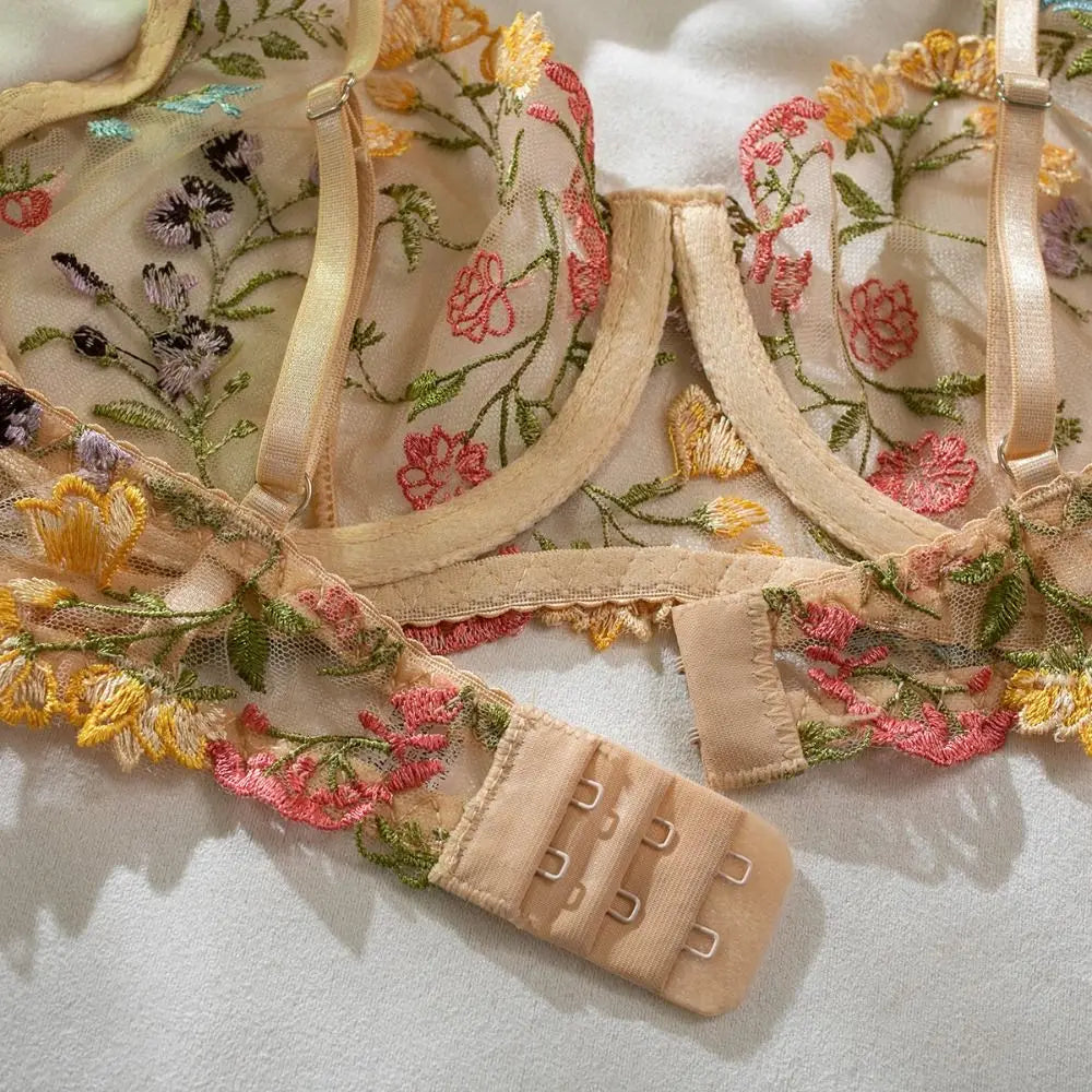 DEROSSI ボタニカル刺繍 ノンワイヤーブラ＆Tバックセット カーキ 商品写真9