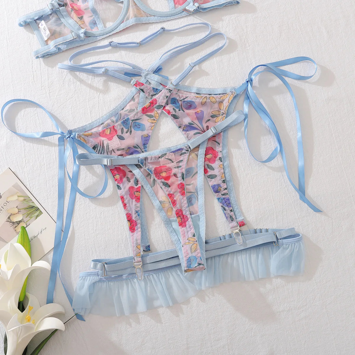 DEROSSI ブルー フローラルプリント シアー ガーターブラショーツSET