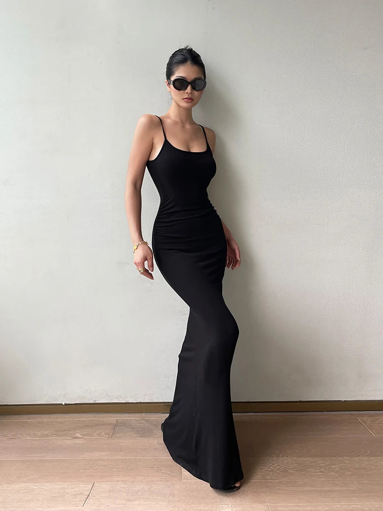 サマーブルースパゲティストラップロングドレスワンピース