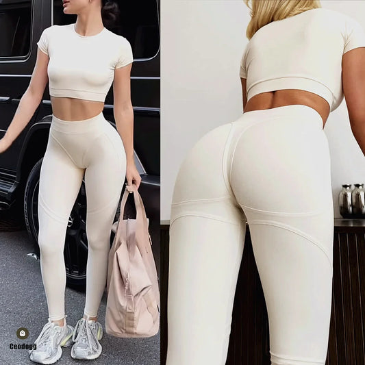 DeRossi クイックドライ クロップトップ×レギンス フィットネスセットアップ2PCS