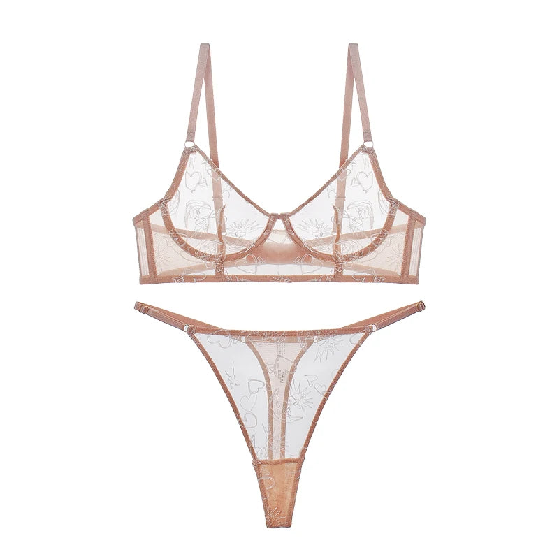 ブラック＆ベージュハートラフスケッチ刺繍ブラショーツセット