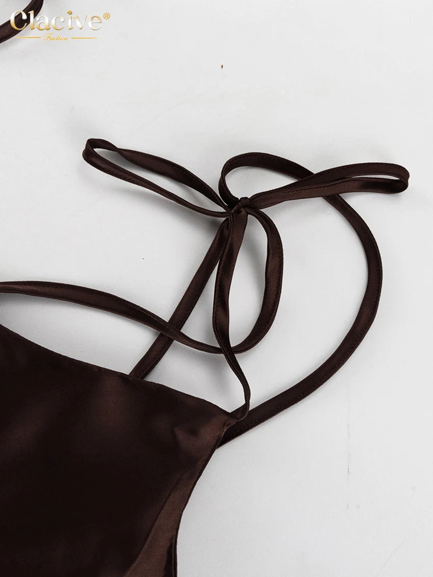 バックレスリーズサテンブラウンサマーストラップスリーブレスロングドレス