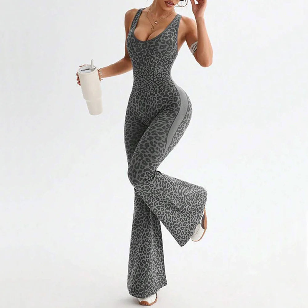 バッククロスレオパードフレアパンツフィットネスジャンプスーツ