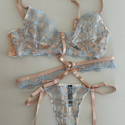 ブルーベージュレース刺繍ブラショーツセット