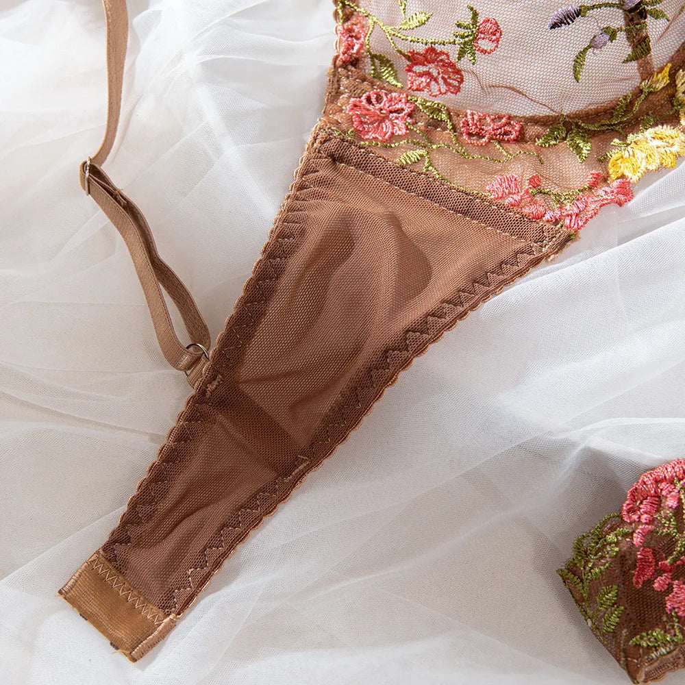 フローラルイエローカーキ刺繍レースブラショーツセット