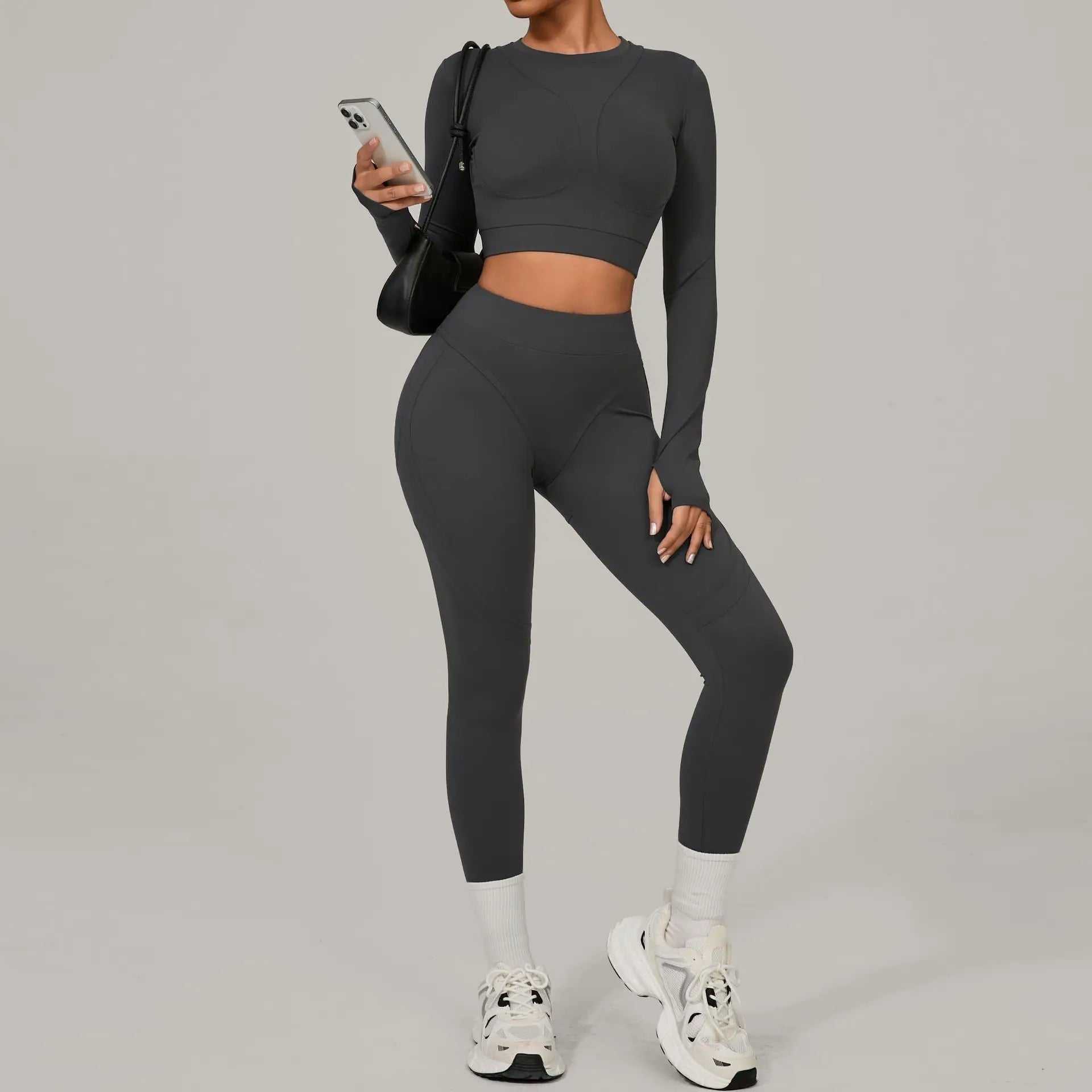 DeRossi クイックドライ ロングスリーブ クロップトップ×レギンス フィットネスセットアップ2PCS