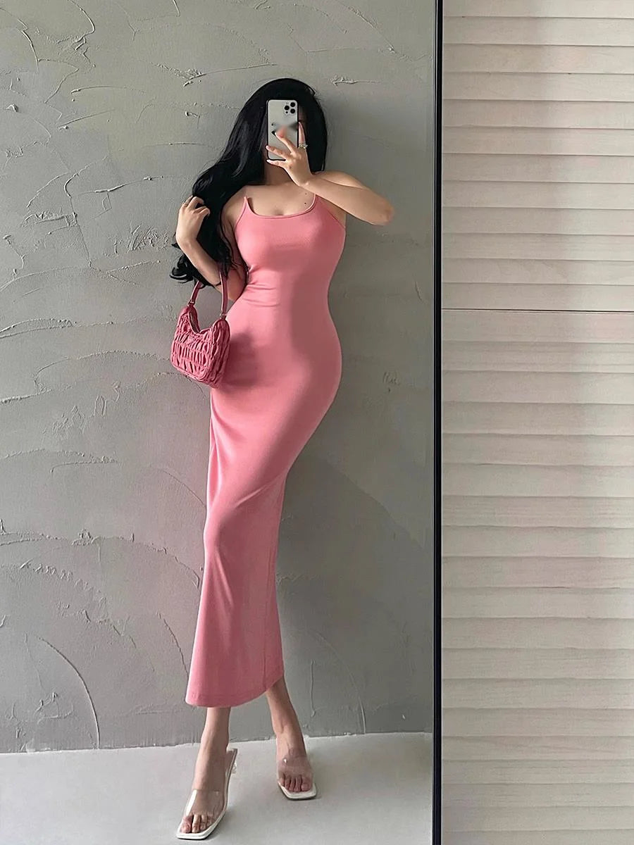 ８カラークリアストラップデザインホルターネックロングワンピース