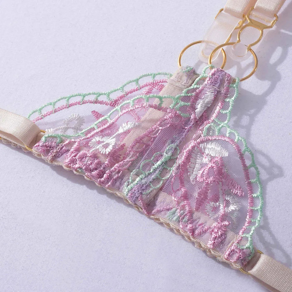 DEROSSI ライトパープル 花柄刺繍シアーレース ガーターランジェリー3点セット
