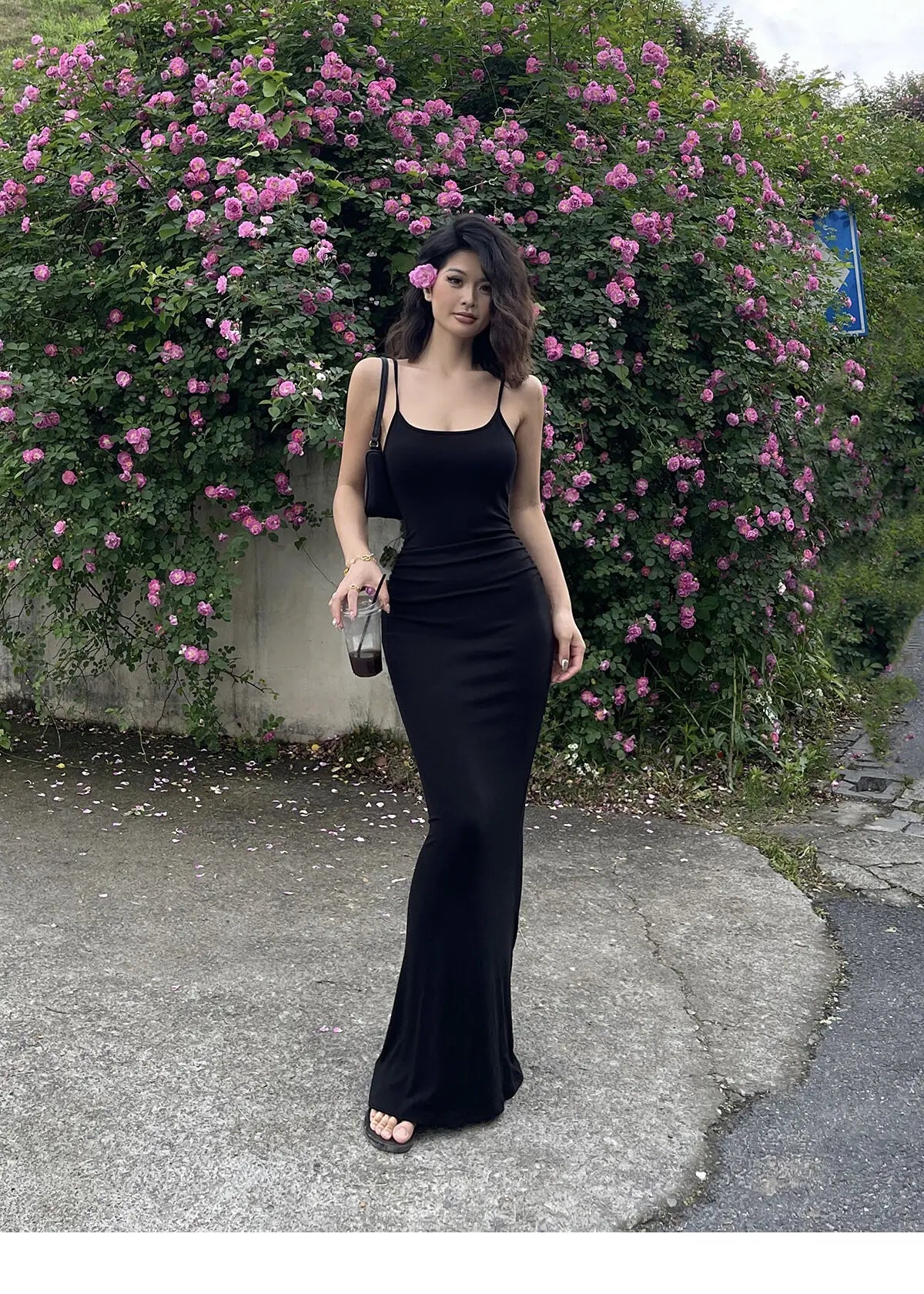 サマーブルースパゲティストラップロングドレスワンピース