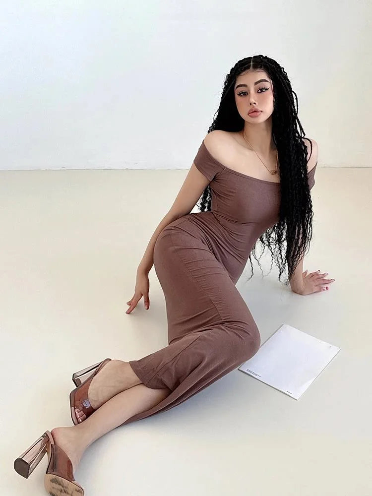 オフショルダースリムロングドレスワンピース