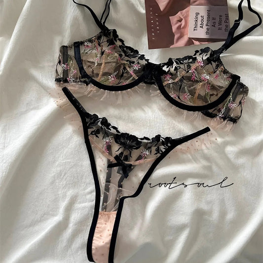 フレンチブラックピンクシースルーレースブラショーツセット