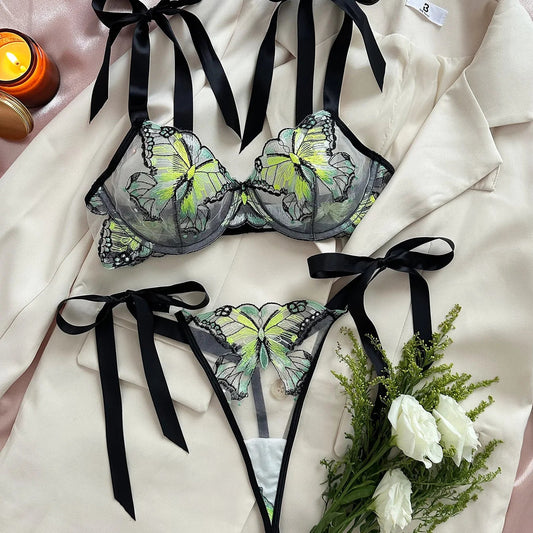 DEROSSI バタフライレース リボン シアー ブラショーツSET