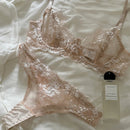 ラグジュアリーピンクベージュシースルーレース刺繍ブラショーツセット