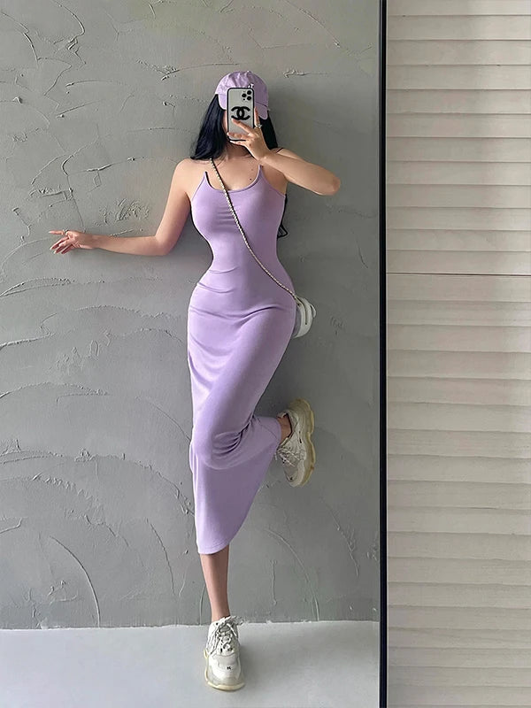 ８カラークリアストラップデザインホルターネックロングワンピース