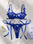 DEROSSI ブルー フローラルエンブロイダリー シアー プッシュアップ ブラショーツSET