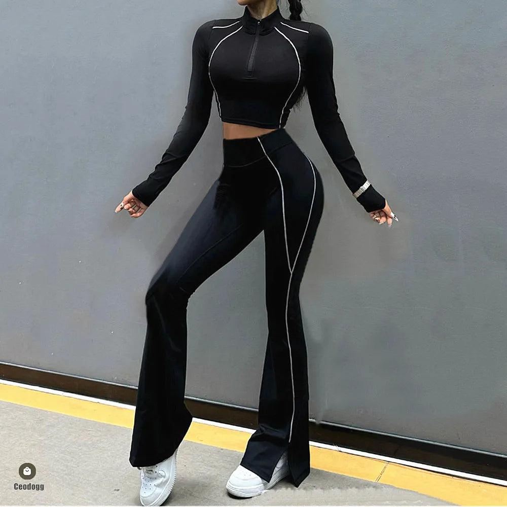 ラインデザインクロップ＆フレアセットアップ2pcs