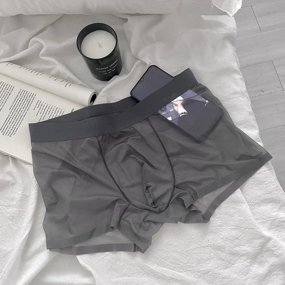 メンズシースルーアイスシルクシームレスボクサーショーツ