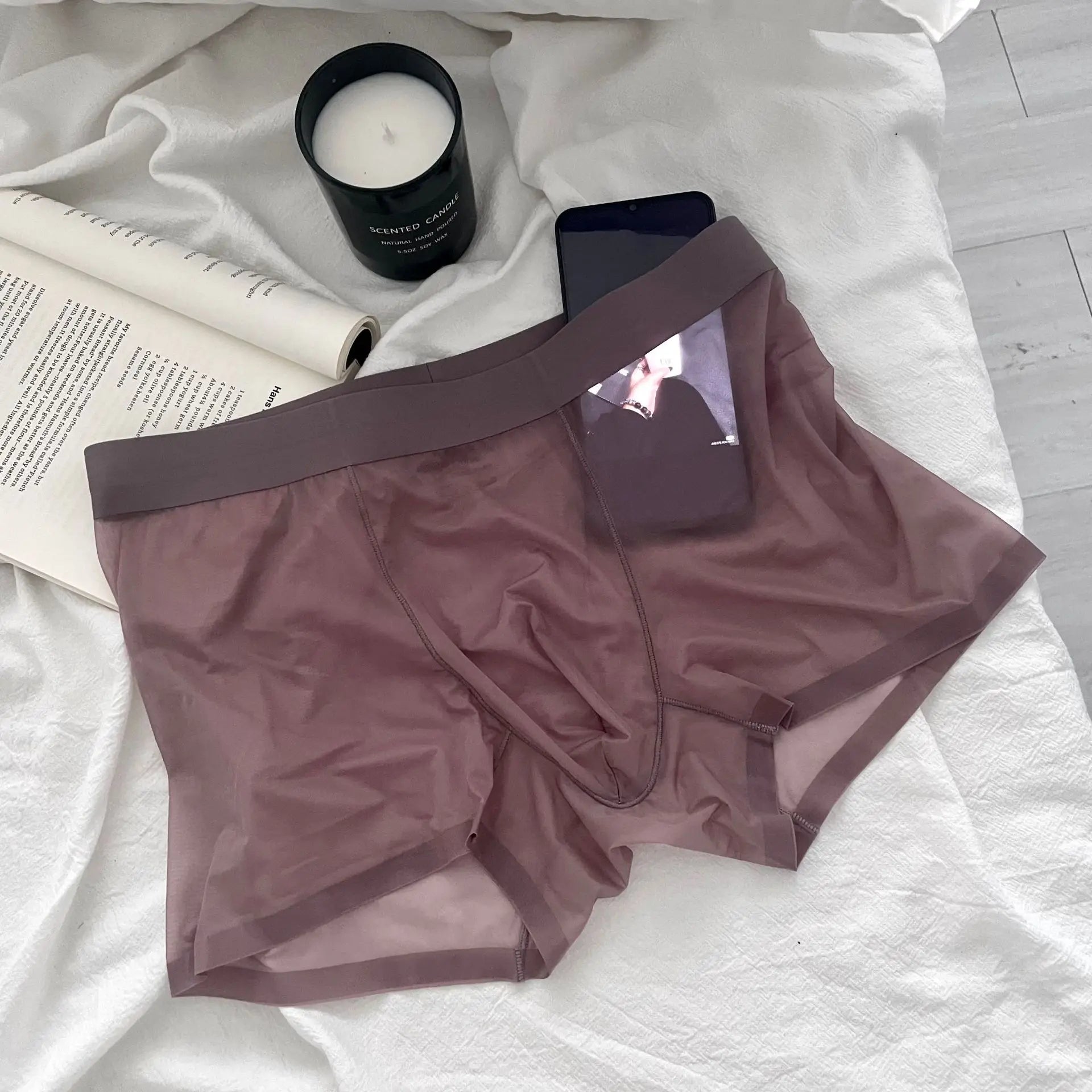 メンズシースルーアイスシルクシームレスボクサーショーツ