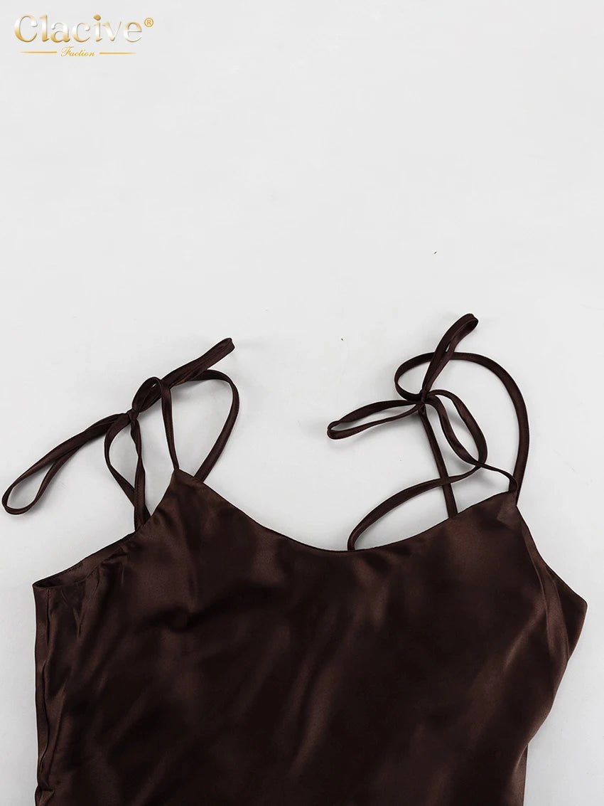 バックレスリーズサテンブラウンサマーストラップスリーブレスロングドレス