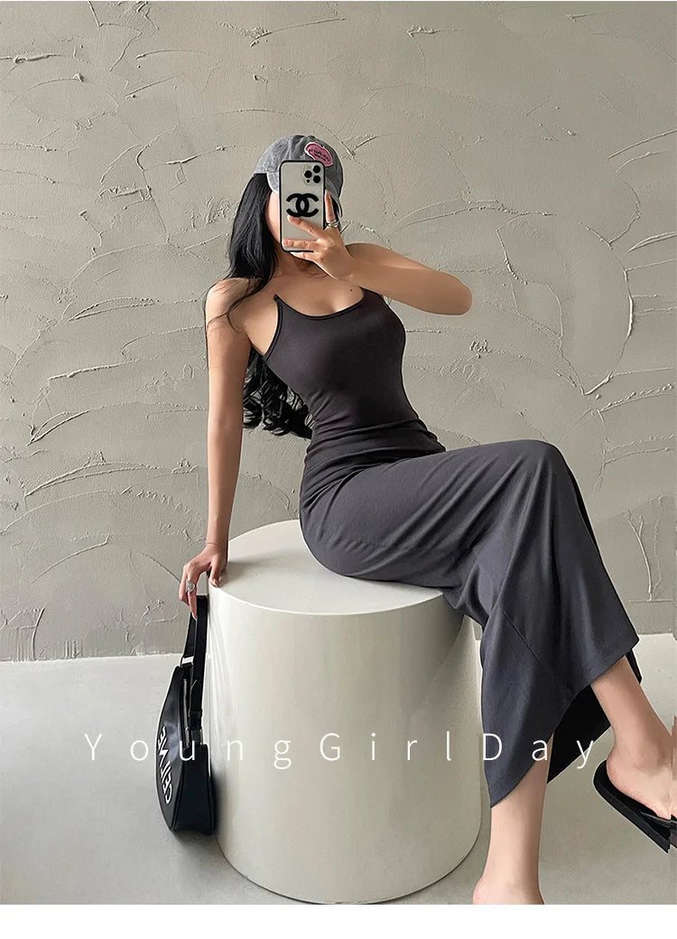 ８カラークリアストラップデザインホルターネックロングワンピース