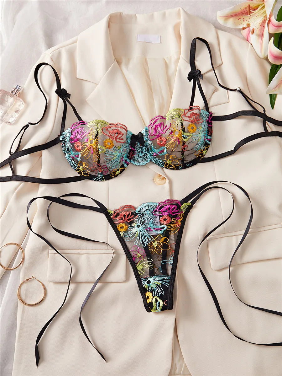 レインボーカラーフローラル刺繍ブラショーツセット