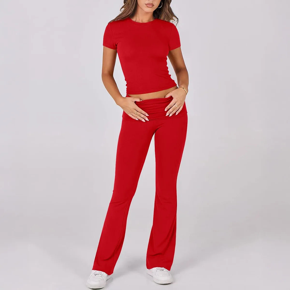 クロップ＆フレアスタイルアップウェアセットアップ2pcs