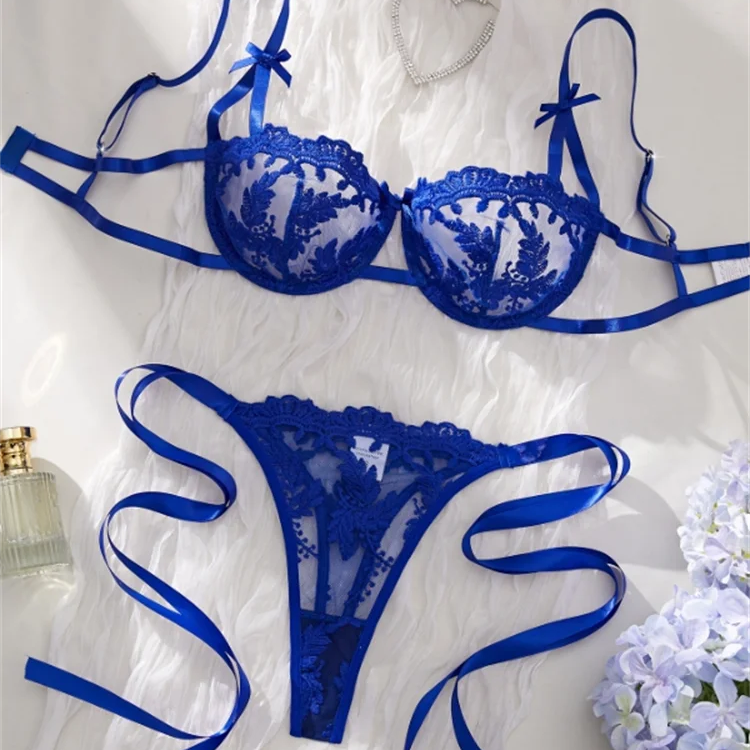 DEROSSI ブルー フローラルエンブロイダリー シアー プッシュアップ ブラショーツSET