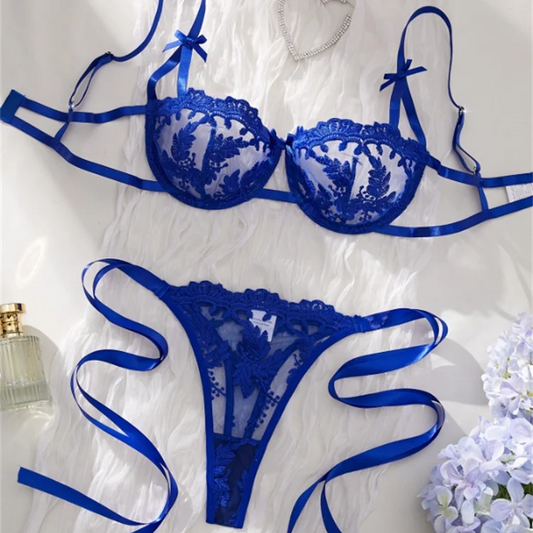 DEROSSI ブルー フローラルエンブロイダリー シアー プッシュアップ ブラショーツSET