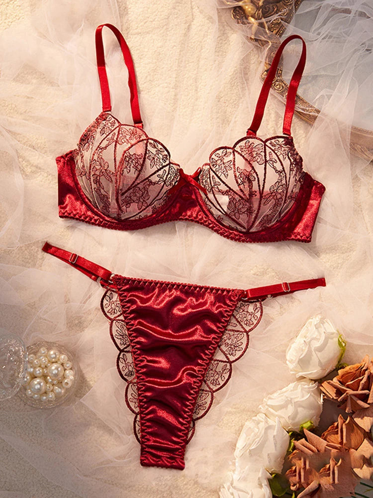 ワインレッドクリスマスシアーレースブラショーツセット