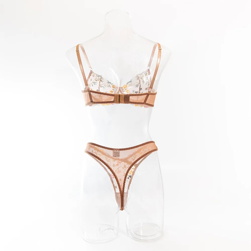 フローラルイエローカーキ刺繍レースブラショーツセット