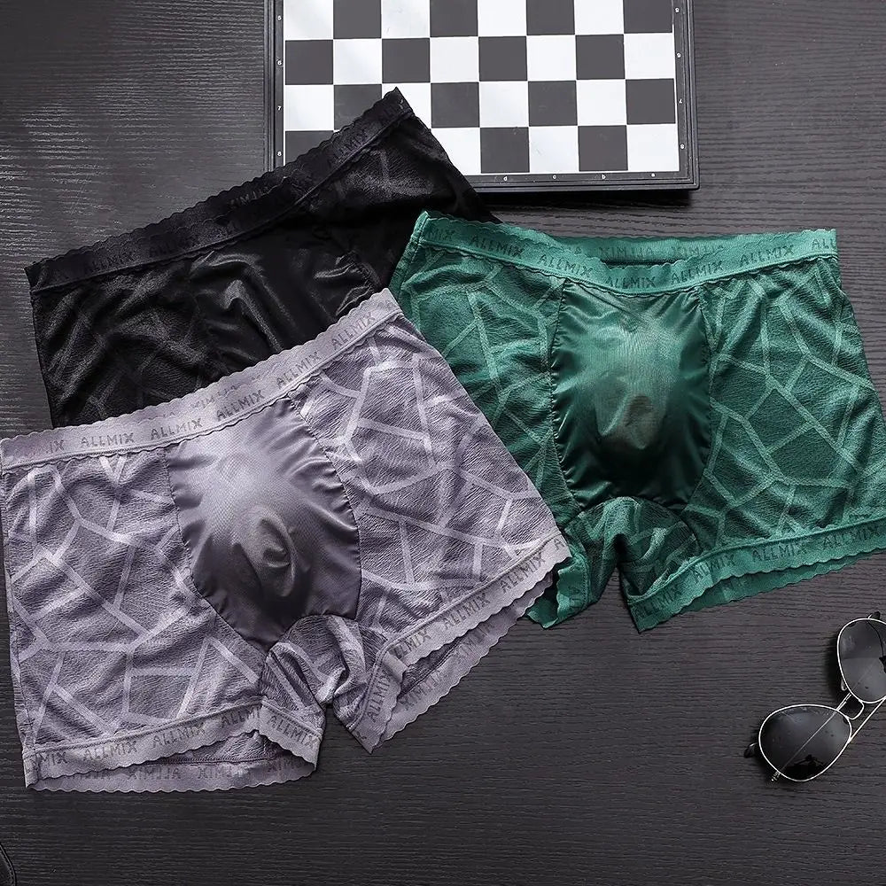 メンズチェックパターンシースルーレースボクサーショーツ